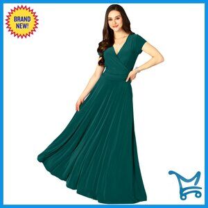 Flowy V-Neck Maxi Dress Elegant Formal Cocktail Gown Short Sleeve